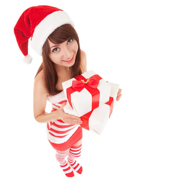 Happy santa woman with gift boxes — Stock Photo, Image