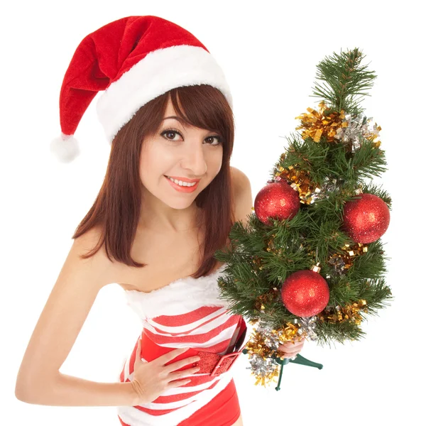 Santa woman with christmas tree. Wide angle — Stock Photo, Image