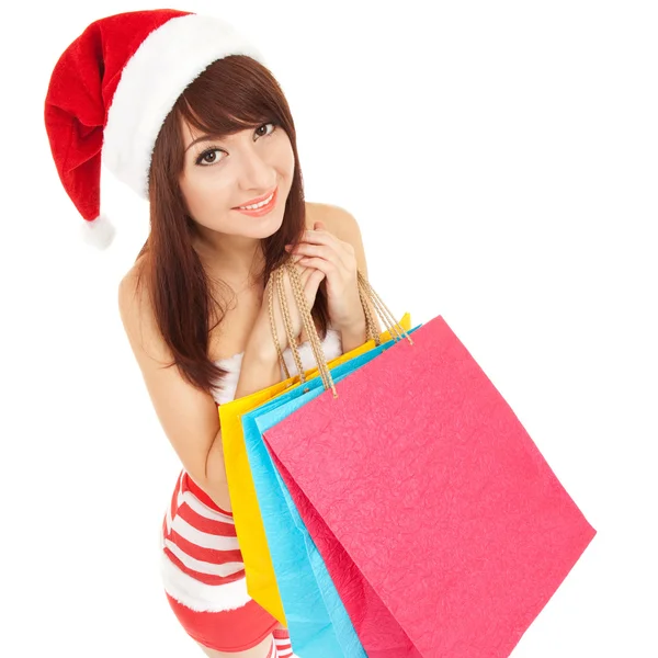 Fun santa woman with packages — Stock Photo, Image