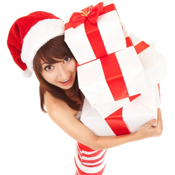 Счастливая Санта женщина с подарочными коробками — стоковое фото