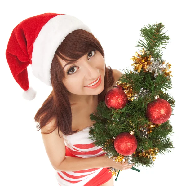 Santa mujer con árbol de navidad. Ángulo ancho — Foto de Stock