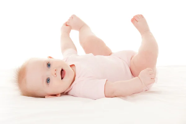 Bébé mignon avec de beaux yeux bleus sur le fond blanc — Photo