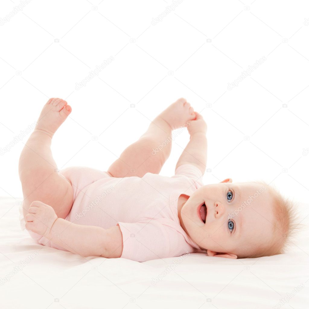 Cute baby with beautiful blue eyes on the white background