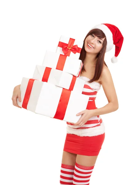 Happy santa woman with gift boxes — Stock Photo, Image