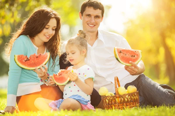 Familia feliz teniendo un picnic en el jardín verde — Foto de Stock