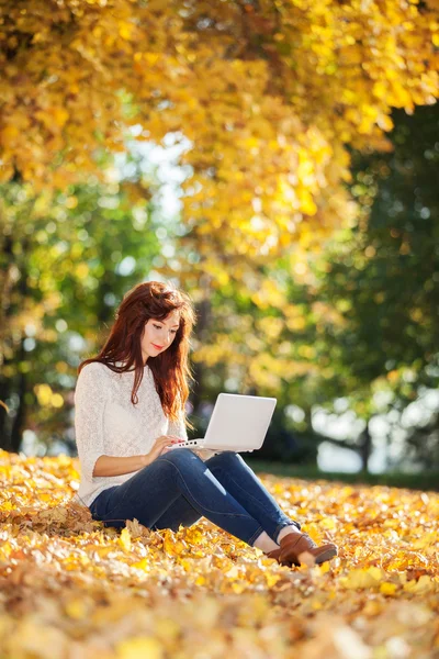 Χαριτωμένο γυναίκα με λευκό laptop στο πάρκο φθινόπωρο — Φωτογραφία Αρχείου