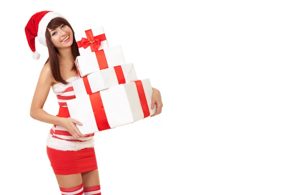 Happy santa woman with gift boxes — Stock Photo, Image