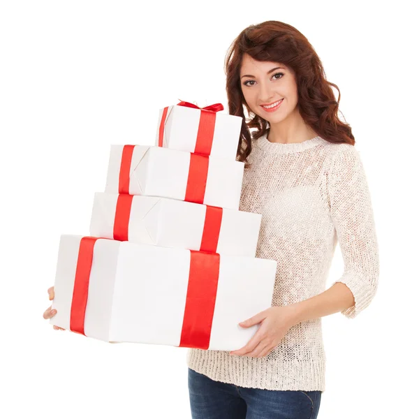 Ευτυχισμένη γυναίκα με κουτιά δώρων — Φωτογραφία Αρχείου