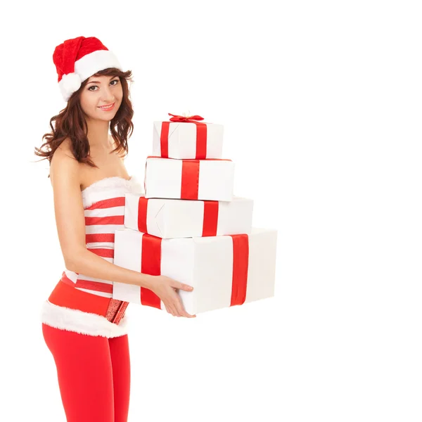 Joyeux Père Noël femme avec boîtes-cadeaux — Photo