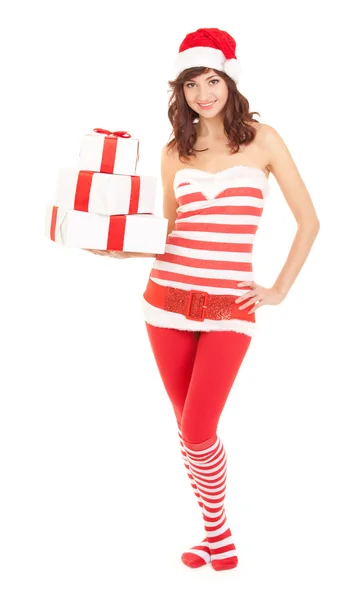 Счастливая Санта женщина с подарочными коробками — стоковое фото