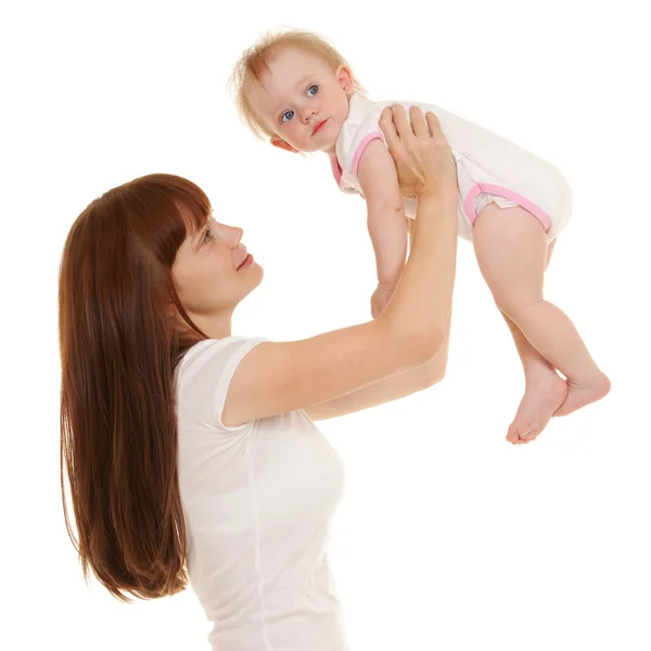 Mãe feliz com filha isolada no fundo branco — Fotografia de Stock