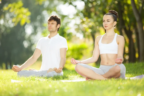 Parejas Yoga, hombre y mujer haciendo ejercicios de yoga en el parque —  Fotos de Stock