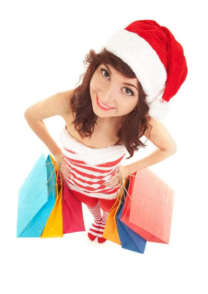 Spaß Weihnachtsmann Frau mit Paketen — Stockfoto