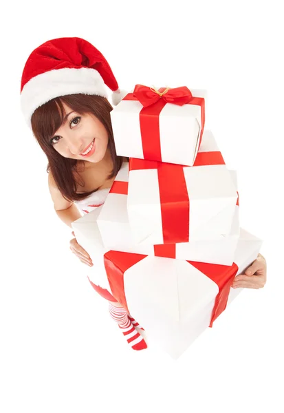 Happy santa woman with gift boxes — Stock Photo, Image