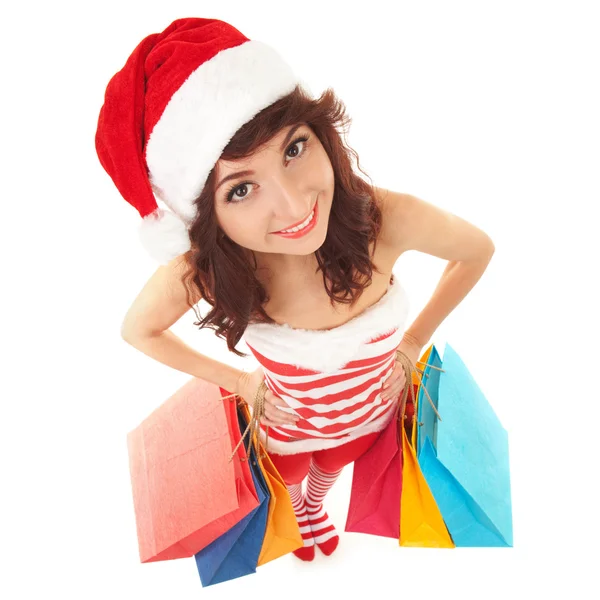 Spaß Weihnachtsmann Frau mit Paketen — Stockfoto