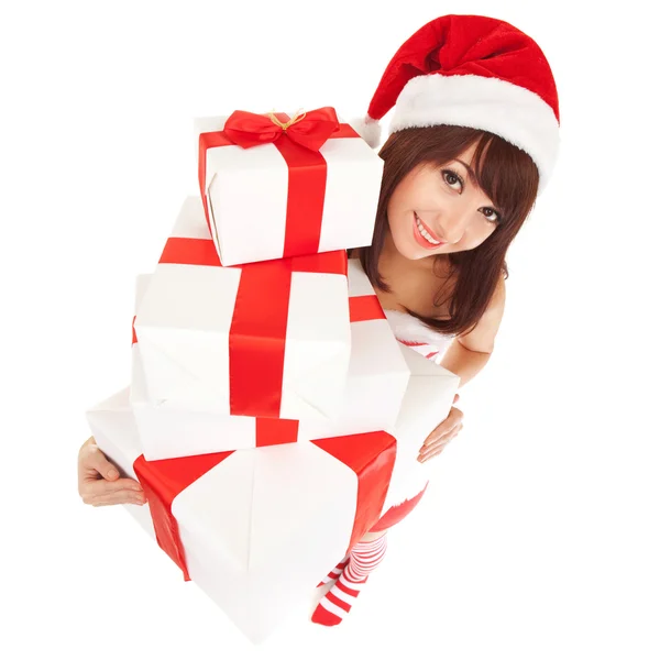 Happy santa woman with gift boxes — Stock Photo, Image