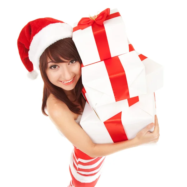 Happy santa woman with gift boxes — Stock Photo, Image