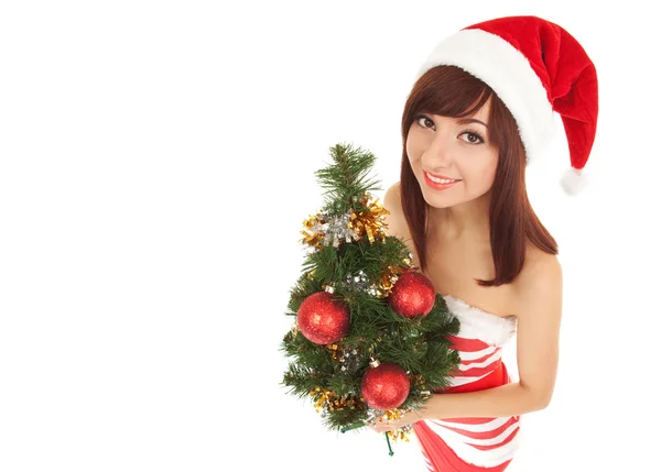 Santa kvinna med julgran. vidvinkel — Stockfoto