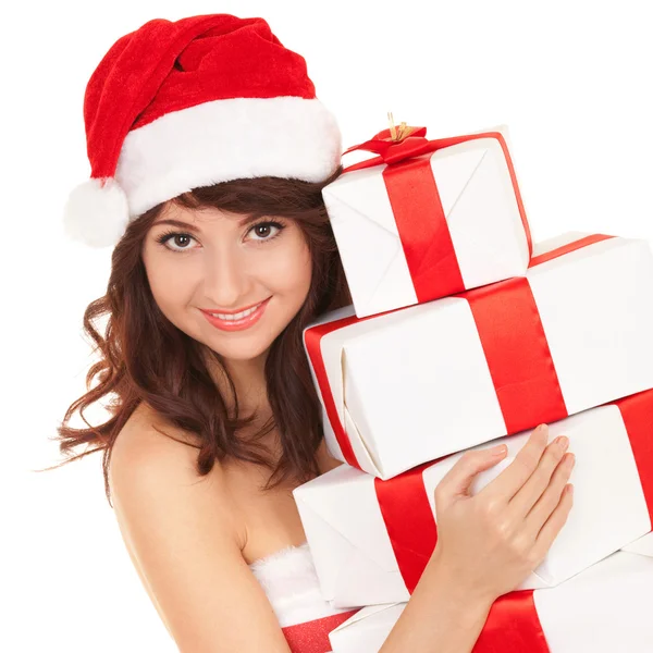 Feliz santa mulher com caixas de presente Imagem De Stock