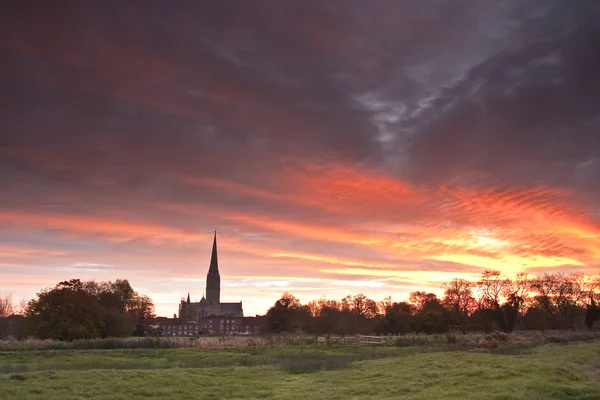 Salisbury-Kathedrale über Wiesen — Stockfoto