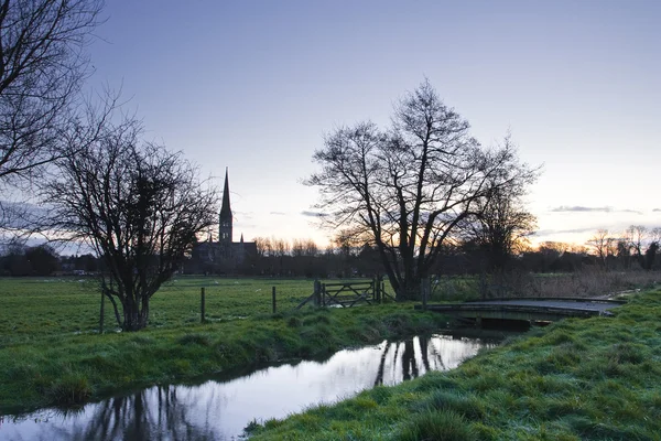 Salisbury cathedral across  meadows — Stock Photo, Image