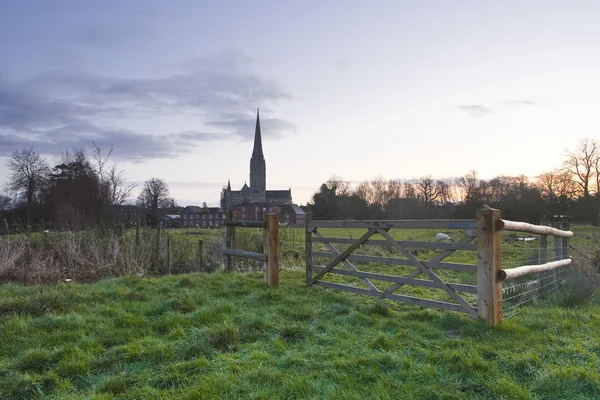 Catedral de Salisbury a través de prados — Foto de Stock