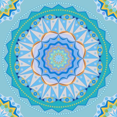 Soyut, vektör, dairesel bir mandalanın kusursuz görüntüsü doğrusal ve yuvarlak mavi tonlu şekillerin kombinasyonu. Tasarım Projelerine Uygulanabilir