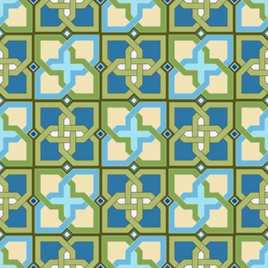 Kesişen Doğrusal Şekillerin Yeşil ve Mavi Tonlarda Şekillendirilmiş Haçlar Oluşturan Kusursuz Vektör Görüntüsü. Tasarım ve Tekstil 'de Muhtemel Uygulamalar
