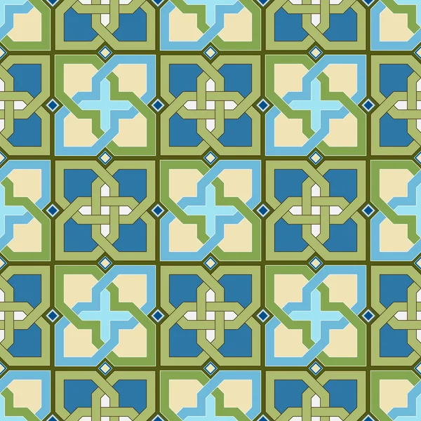 Kesişen Doğrusal Şekillerin Yeşil ve Mavi Tonlarda Şekillendirilmiş Haçlar Oluşturan Kusursuz Vektör Görüntüsü. Tasarım ve Tekstil 'de Muhtemel Uygulamalar