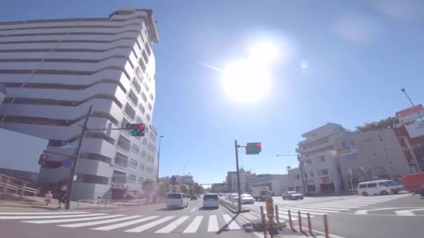 Een gezichtspunt van het rijden stad landschap op de stad straat in Tokio in de zomer lage hoek — Stockvideo