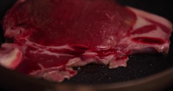 Un timelapse de asar T nace carne estaca en la sartén en la cocina de cerca — Vídeo de stock