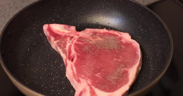 Asar T nace carne estaca en la sartén en la cocina — Vídeos de Stock