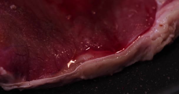 Fleisch in der Pfanne in der Küche aus nächster Nähe grillen — Stockvideo