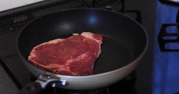 Asar T nace carne estaca en la sartén en la cocina — Vídeo de stock