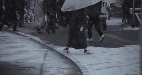Sétáló emberek a városi utcán Shinjuku Tokyo hóesés alacsony szögben — Stock videók