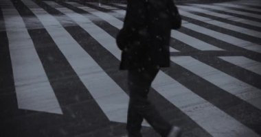 Shinjuku Tokyo 'da şehir caddesinde yürüyen insanlar alçak açıyla kar yağıyor.