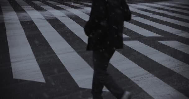 Sétáló emberek a városi utcán Shinjuku Tokyo hóesés alacsony szögben — Stock videók