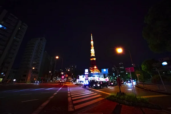Nachtelijke oversteek achter de hoge toren in Tokyo — Stockfoto