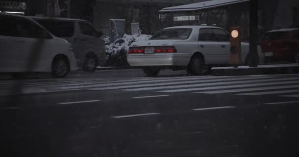 Ένα μποτιλιάρισμα στον αστικό δρόμο στο Σιντζούκου του Τόκιο χιονίζει — Αρχείο Βίντεο