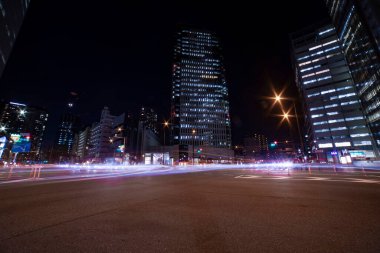 Tokyo kavşağında gece trafiği sıkışık.