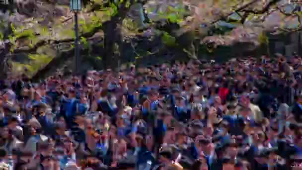 Uma cronologia das multidões com cerejeiras na rua Kudanshita, em Tóquio, na primavera, inclinação de tiro longo — Vídeo de Stock