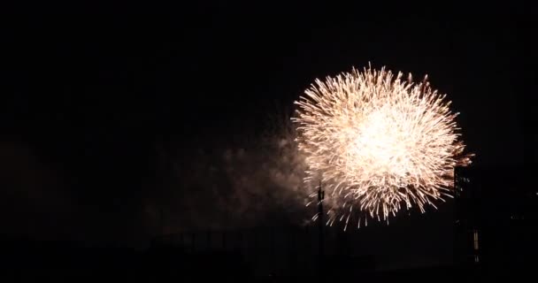 Πυροτεχνήματα κοντά στο κτίριο στην πόλη του Τόκιο το βράδυ του καλοκαιριού — Αρχείο Βίντεο