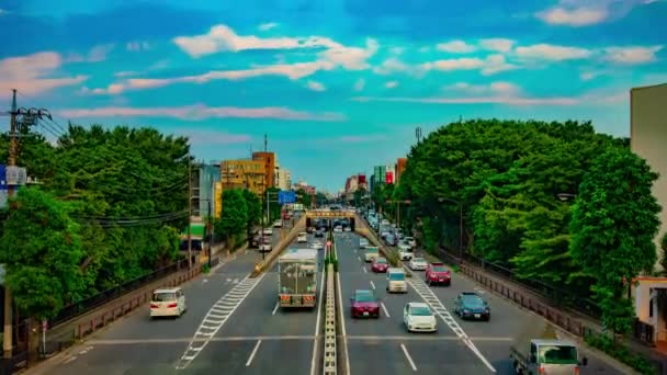 도쿄의 칸 파 치 (Kanpachi) 가에 있는 시내 거리의 시간 당 거리가 낮 시간 대에 넓은 샷 기울기 — 비디오