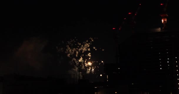 Vuurwerk in de buurt van het gebouw in de stad Tokio in de zomer nacht lange schot — Stockvideo