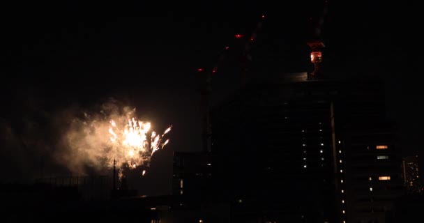 Fogos de artifício perto do edifício na cidade urbana de Tóquio na noite de verão tiro largo — Vídeo de Stock