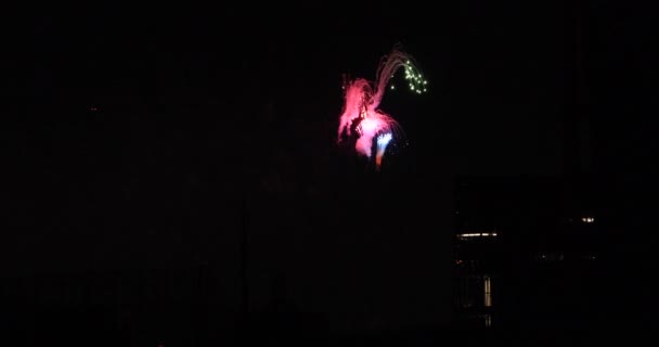 Feuerwerk in der Nähe des Gebäudes in der Stadt Tokio in der Sommernacht lang geschossen — Stockvideo