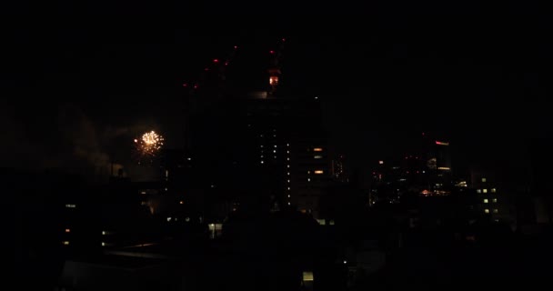 Feuerwerk in der Nähe des Gebäudes in der Stadt Tokio in der Sommernacht — Stockvideo