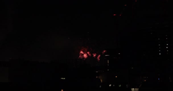 Ohňostroj v blízkosti budovy v městském městě v Tokiu v letní noci široký záběr — Stock video