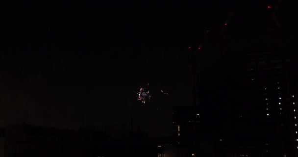 Fajerwerki w pobliżu budynku w mieście miejskim w Tokio w letni wieczór szeroki strzał — Wideo stockowe