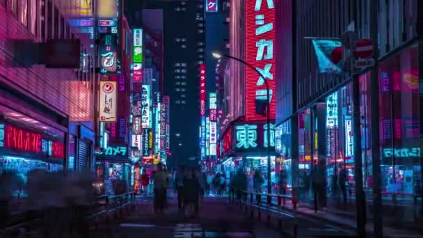 新宿のダウンタウンのネオン街の夜のタイムラプス東京ワイドショットパンニング — ストック動画